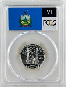 Cuarto de Plata Vermont PR 70 DCAM PCGS 2001 Mejor Grado Superior 25c Etiqueta Bandera del Estado - Imagen 1 de 2