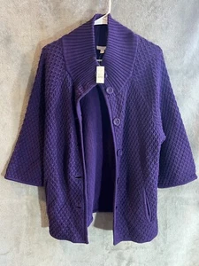 Talbots Women's Medium Button Cardigan Sweater Royal Purple Chunky Knit Cotton - Picture 1 of 5