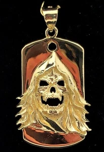 14k Yellow Gold Biker Punk Gothic Skull Face Dog Tag Pendant 1.95"  13.5 grams - Picture 1 of 10