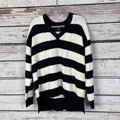 CHAPS Black & White Striped V-Neck Cable Mixed Knit Sweater Women's Size XL NWT - Image 1 of 4