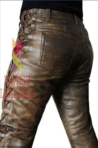 Pantalones de jean para hombre cuero de vaca real encerado marrón con cordones laterales cuero marrón - Imagen 1 de 4