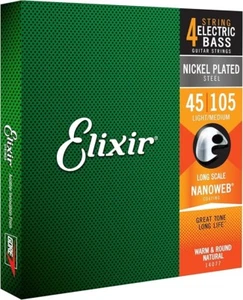 Cuerdas de bajo Elixir 45-105 revestimiento Nanoweb de acero niquelado + 3 selecciones de bajo - Imagen 1 de 3