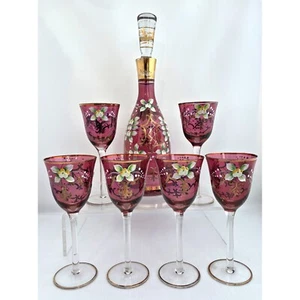 Enamel Bohemian Glass Decanter Set Hand Painted Cottage Core Shabby Decor Vtg - Picture 1 of 18
