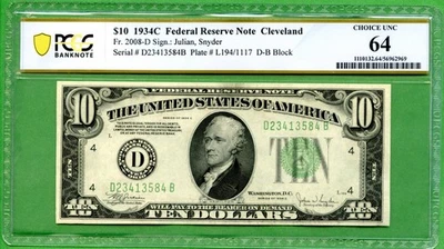 1934C  $10 Federal Reserve Note Cleveland FR-2008D PCGS UNC 64  JULIAN SNYDER - Image 1 of 2