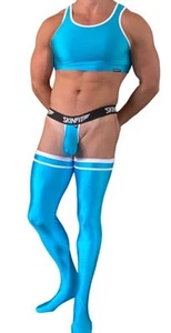 Mens Skinfit Spandex Underwear Thong G String Crop Top And Socks Set Medium Blue - Picture 1 of 1