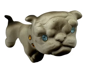 Vintage Roselane Pottery USA Bisque Bulldog Figurine Rhinestone Eyes & Collar - Picture 1 of 6