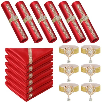 Set of 12 Gold Napkin Rings and Red Satin Cloth Napkin with Bling Square 17x1... - Image 1 of 4