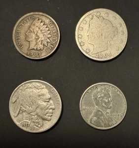 Lote de 4 monedas de centavos pequeños de Estados Unidos Indian Head Liberty V níquel búfalo níquel acero trigo - Imagen 1 de 3