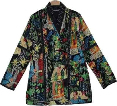 Chaqueta corta acolchada Kantha de algodón hecha a mano abrigo estampado floral para mujer kimono Foto 1 de 3