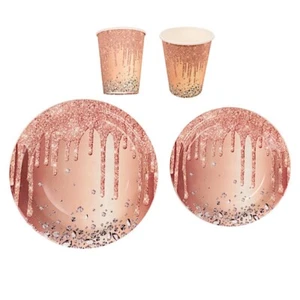 72 Rose Gold Disposable Paper Tableware Set Diamond Glitter Pattern Party Events - Picture 1 of 9