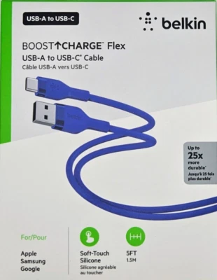 批量 6 件 Belkin Boost Charge USB-A 转 USB-C 硅胶电缆,蓝色,5 英尺 — 第 1/4 张图片