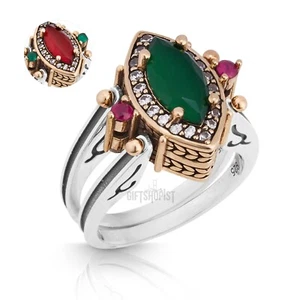 Turkish Reversible Marquise Emerald Ruby Jade Topaz 925 Sterling Silver Ring - Picture 1 of 13
