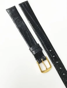 Genuine Teju Lizard Genuine Leather Black Tone 10mm Gold Buckle Watch Band - Picture 1 of 4