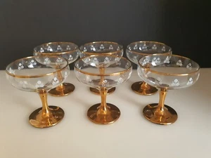 6 Vintage Champagne Glasses Gold Lustre Stem & Base Coupe C.1950s Glamour VGC - Picture 1 of 9