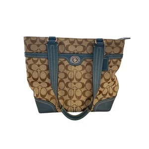 Coach Signature Brown Tan Canvas Leather Trim Tote Bag Purse Handbag - Picture 1 of 7