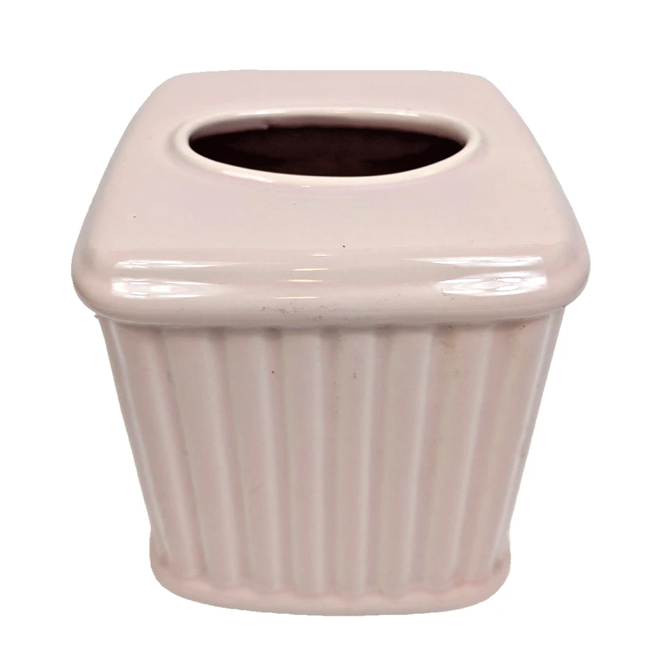 Cubierta de caja de pañuelos de cerámica acanalada rosa vintage años 90 Art Deco cuadrada pesada Foto 1 de 4