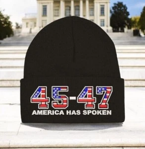 Trump 2024 Hat 45-47 America Has Spoken Black Winter Hat - Black Cuff Beanie - Picture 1 of 8