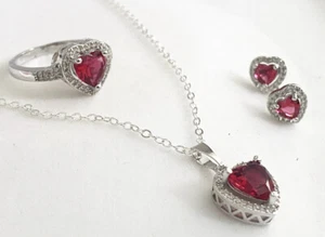White gold finish Red Ruby & created diamond Heart necklace Earrings Ring Size O - Picture 1 of 7