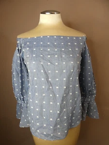 Christy Lynn Women's M Off Shoulder Top Blue White Swiss Dot Cotton Flare Sleeve - Picture 1 of 8