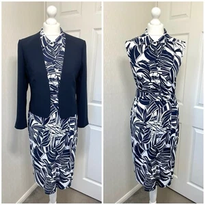 Hobbs Navy White Pencil Dress Suit With Tie Belt Size 10 - S338 - Picture 1 of 14