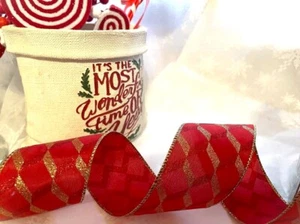 FESTIVE TWIRLY RIBBONS Red & Gold glitter Christmas - Luxury Wire Edged Ribbon - Picture 1 of 6