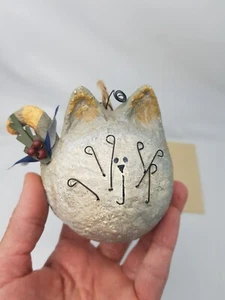 Vintage Paper Mache Handmade Cat Ornament Kitty Christmas Grey - Picture 1 of 6