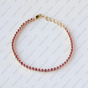 Ruby Tennis Bracelet Solid 14k Yellow Gold, Wedding Stacking Bracelet For Girls - Picture 1 of 8