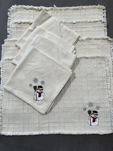 Vintage Embroidery  cotton  Beige christmas  Snowman 4xWoven Placemates Napkins - Picture 1 of 7