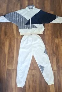 Vintage 80s 90s Blue White Nylon Shell Tracksuit Bottoms & Jacket M - Picture 1 of 7