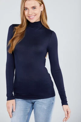 Camisa ajustada clásica elástica suave manga larga rayón cuello tortuga falso para mujer Foto 1 de 4