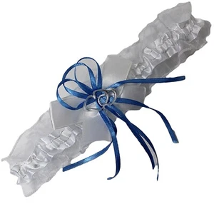 Braut-Strumpfband mit Silbernaht 2 Herzchen und Schleifen in weiß blau S- XXL  - Bild 1 von 1