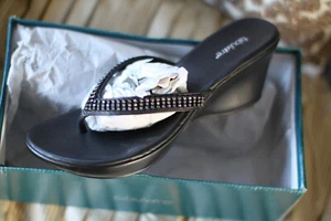 Fabulaire Heels BLACK RHINESTONE size 9. 5 3 inch PLATFORM THONG SANDALS - Picture 1 of 7