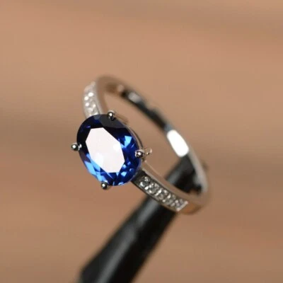 sapphire ring September birthstone Oval cut gemstone sterling silver solitaire  - Image 1 of 4