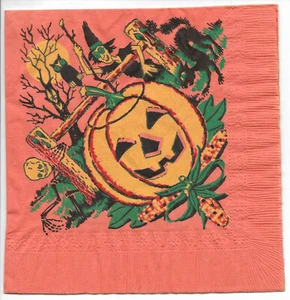 Vintage BEACH Paper Halloween Napkin ~ Funny Witch, JOL, Skeleton, Owl, Cat - Picture 1 of 3