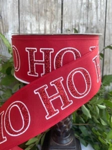 50 yards, 2.5" Christmas wired ribbon, red & white "HO HO HO", Member's Mark - Picture 1 of 6