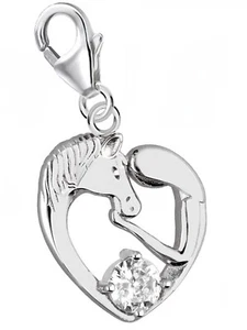 Zirkonia Pferd Herz Charm 925 Sterling-Silber Herren Damen Anhänger für Armband - Bild 1 von 3