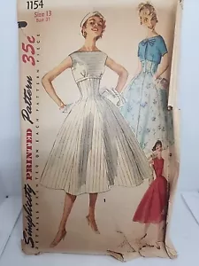 Vtg Simplicity #1154 Pattern Misses Sz 13 Flared Skirt Dress w/ Jacket 1955 - Picture 1 of 8