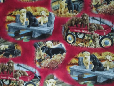 PUPPIES DOGS BREEDS REALISTIC OVERALL RED COTTON FABRIC FQ - Image 1 of 4