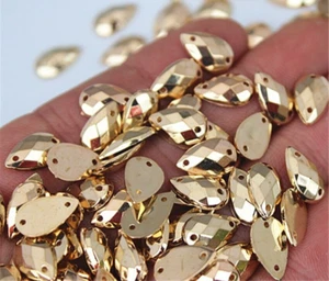 200 x metallic gold sew On 7x12 mm Tear drop Jewel GEM RHINESTONE trim Bead - Picture 1 of 3