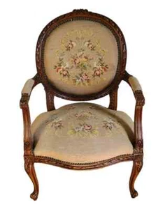 Antique French Carved Walnut Arm Chair-Aubusson Tapestry, Petite Point Upholstry - Picture 1 of 8
