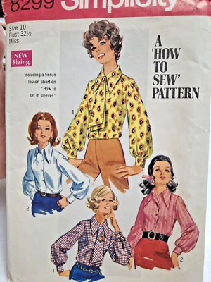 Blouse Ascot Scarf Shirt 10 Simplicity 8299 Sewing Pattern Cut VTG Long Sleeve - Image 1 of 4