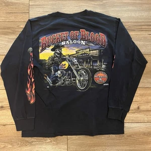 Camiseta Y2K Bucket of Blood Saloon Nevada Manga Larga Motociclista Calavera Llamas Talla M - Imagen 1 de 8