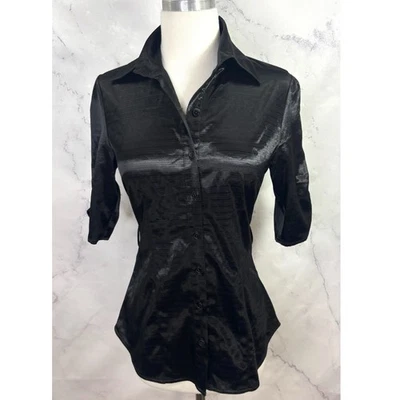 Vintage 90s y2k Button up Office Blouse S 3/4 Sleeve Black Satin Siren Gothic - Image 1 of 4