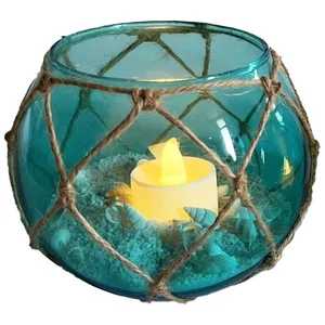 Bola de Pescador Luz de Té Vidrio/Arena/Almejas 12,5 x 9,5 cm AZUL MARINO Sea-Club - Imagen 1 de 1