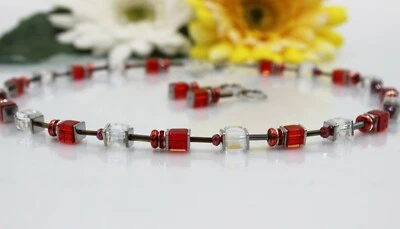 Set de Bijoux Collier de Cube Chaîne Perles Rouge Clair Strass Élégant #E061 - Photo 1/4