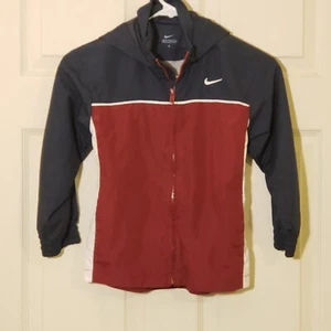 Nike Boys Windbreaker Youth Size 6 Full Zip Long Sleeve Navy Burgundy White Hood - Picture 1 of 12