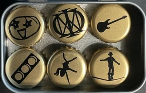 Dream Theater Themed Bottle Cap Magnets - Qty 6 - Gold with Black Images - Picture 1 of 3