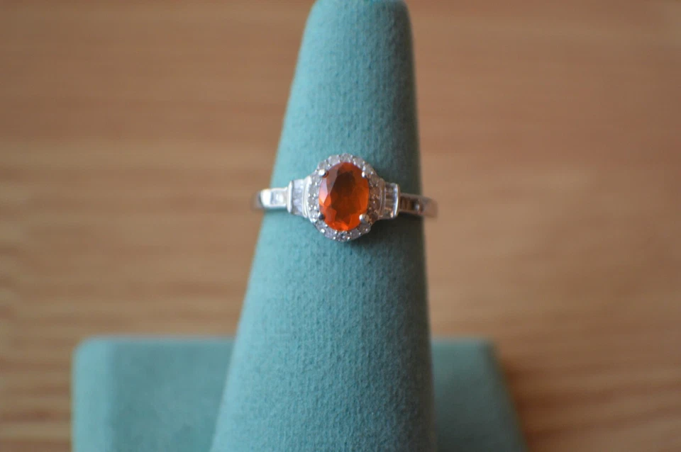 0.75ct Mexican Jalisco Fire Opal / Diamond Ring Platinum over Fine Silver Size 7 - Image 1 of 4