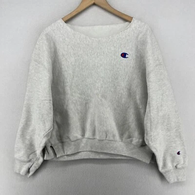 Sudadera CHAMPION Mujer M Tejido Inverso Corte Cuello Aberturas Artesanal Pullover Gris Foto 1 de 4