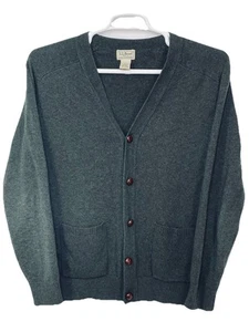 Vtg LL Bean 100% Lambs Wool Cardigan Mens M Green Sweater Leather Button Pockets - Picture 1 of 6